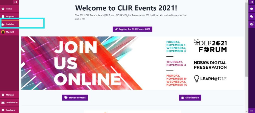 Screenshot of CLIR Conference Events platform (MIdspace), highlighting the Socialise button.