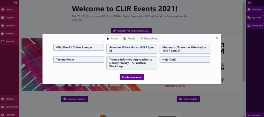 Screenshot of CLIR conference platform Midspace showing dialogue box for Room options. Includes button called 