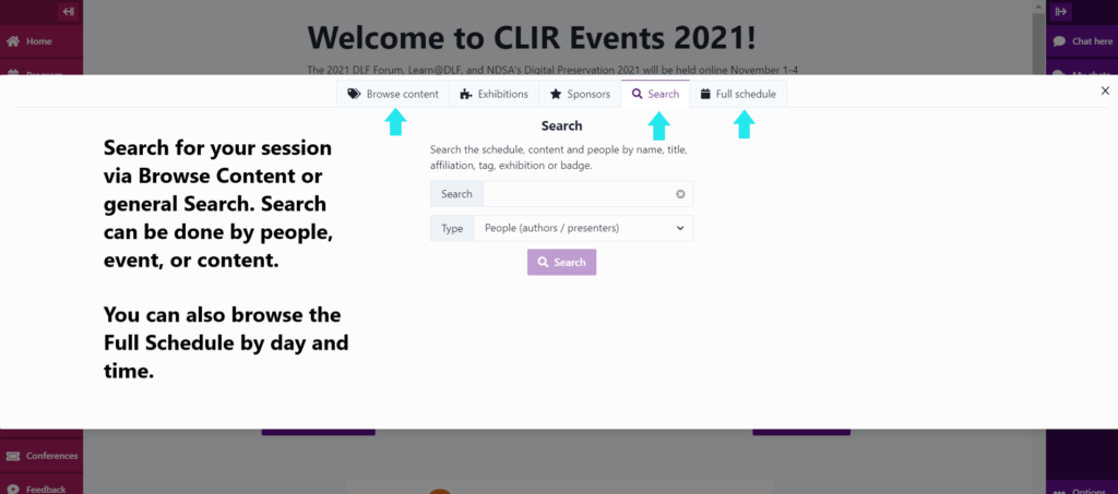 Screenshot of CLIR Conference platform Midspace, showing the Program section, highlighting Browse Content, Search, and  Full Schedule tabs.