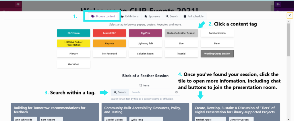 Screenshot of CLIR Conference platform Midspace, showing Browse Content feature of the Program section. Click on available tags at top,  Search within the tag, and click the title to open more information.